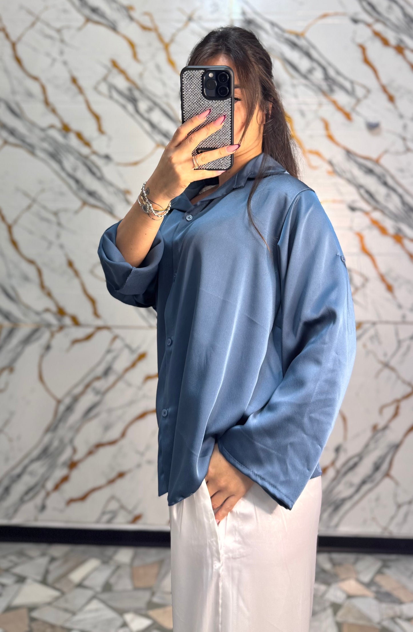 Camicia satin Cecilia petrolio