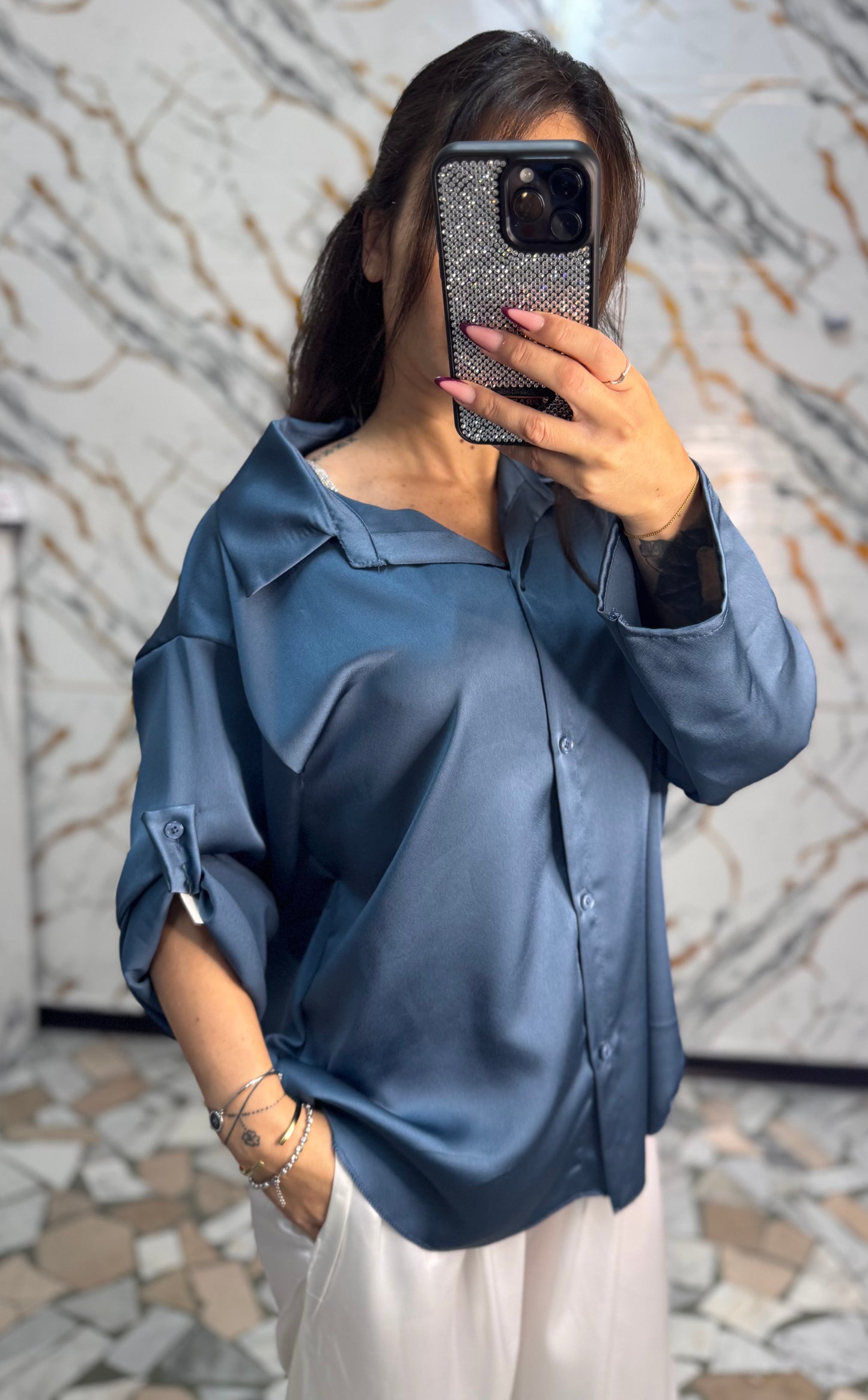Camicia satin Cecilia petrolio
